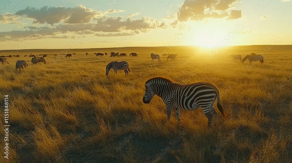 Naklejka premium Zebras Grazing in African Savanna at Sunset