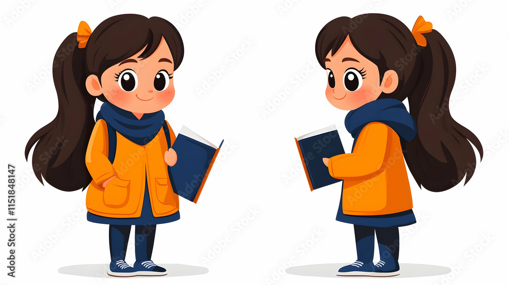 Girl student reading book, two poses, white background, education illustration. Girl student reading book, two poses, white background, education illustration.