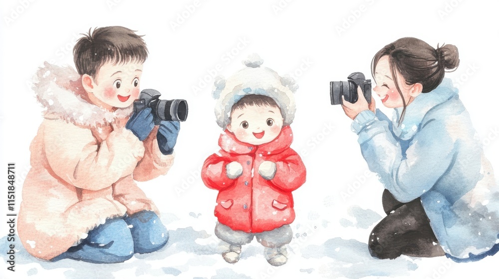 A joyful family moment in snow, capturing memories with cameras and laughter, showcasing love and connection in winter. A joyful family moment in snow, capturing memories with cameras and laughter, showcasing love and connection in winter.
