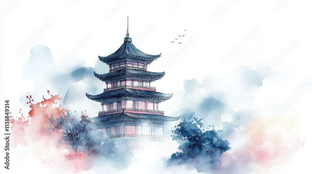Obraz premium A serene, atmospheric depiction of a traditional Asian pagoda surrounded by soft, colorful clouds.