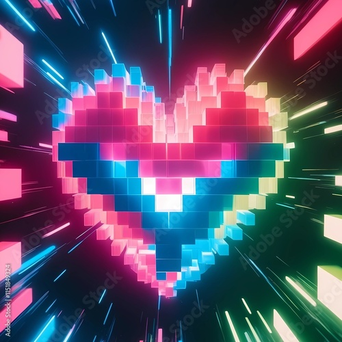 A pixelated heart made of glowing blocks, symbolizing digital affection. The background is a blend of neon colors and abstract shapes, representing the digital age’s influence on love and connection photo