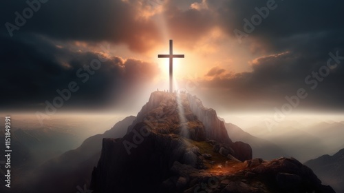 A spiritual image of a cross on a mountain summit, with the bright light of the sun illuminating the scene and creating a radiant halo effect photo