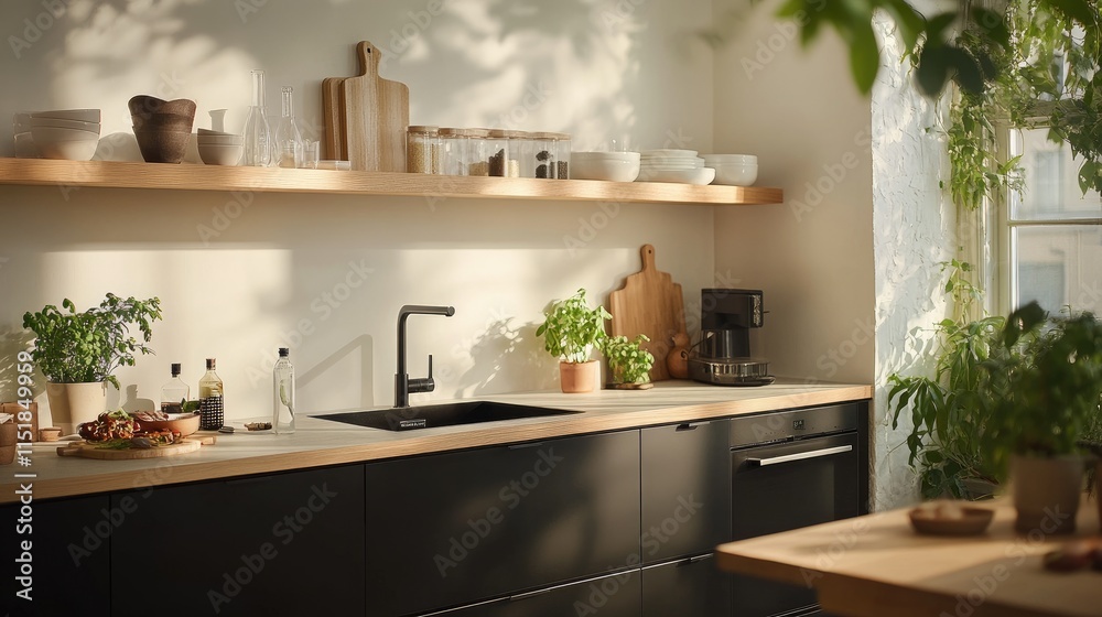 Fototapeta premium Modern Kitchen Design With Sunlit Shelves And Black Cabinets