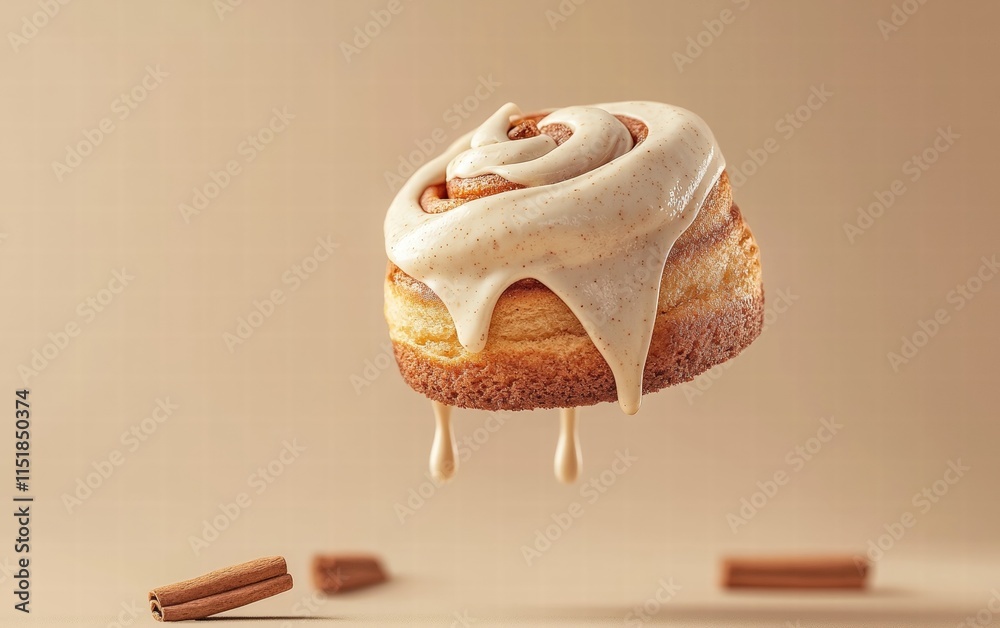 Naklejka premium A fluffy cinnamon roll floating mid-air with cream cheese frosting dripping, on a warm beige background