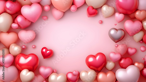 Colorful hearts in various shades frame a soft pink background.