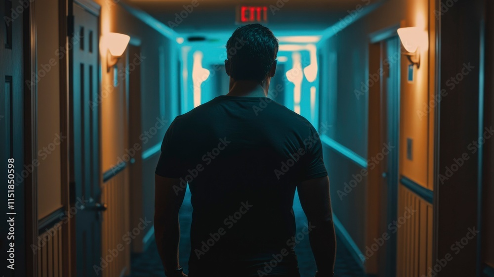 Man Walks Down Hotel Corridor Towards Exit Man Walks Down Hotel Corridor Towards Exit