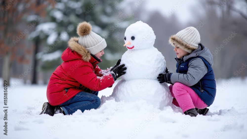 Children building a snowman in the snow, with snowball fights and laughter happening all around them