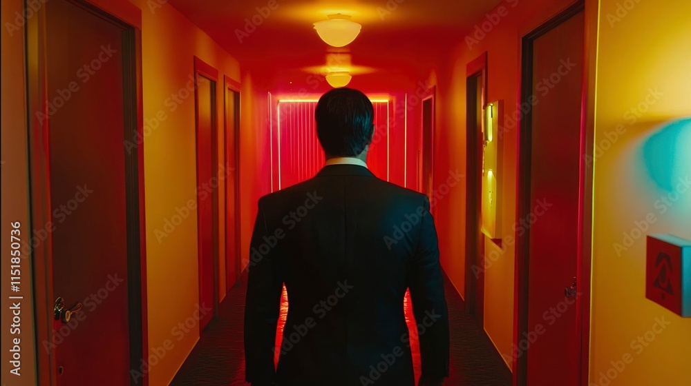 Man in Suit Walks Down a Red Hallway Man in Suit Walks Down a Red Hallway