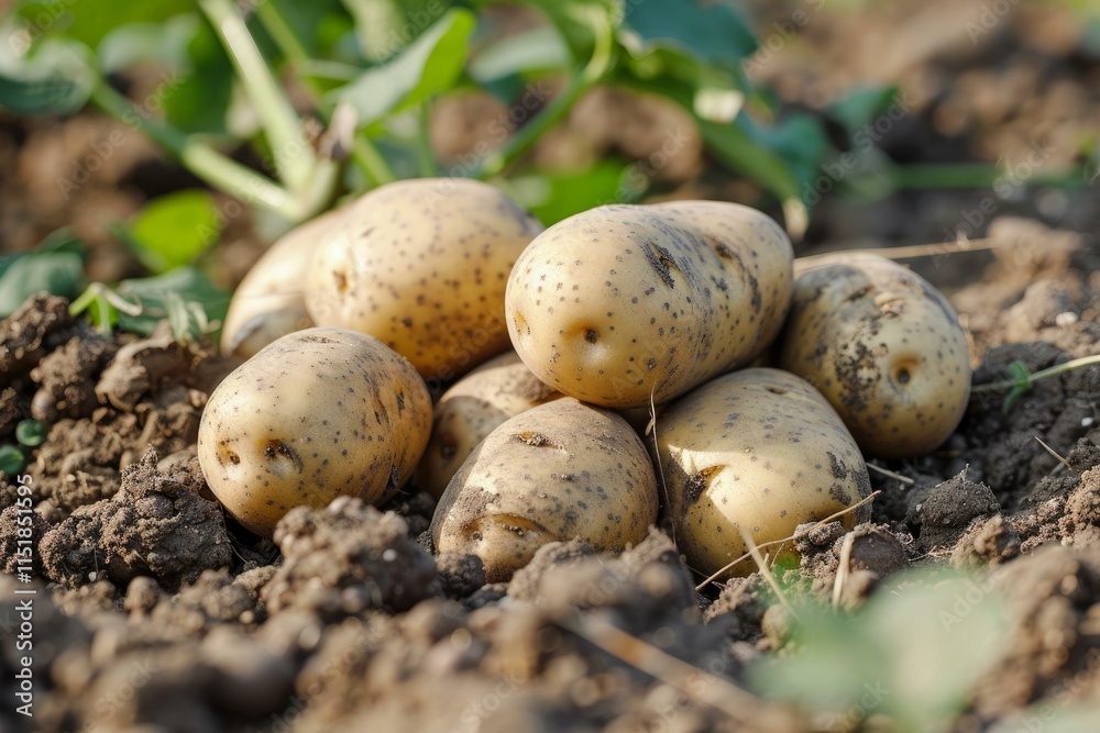 New potatoes lie on the dark earth of a vegetable garden, hinting at a bountiful harvest New potatoes lie on the dark earth of a vegetable garden, hinting at a bountiful harvest