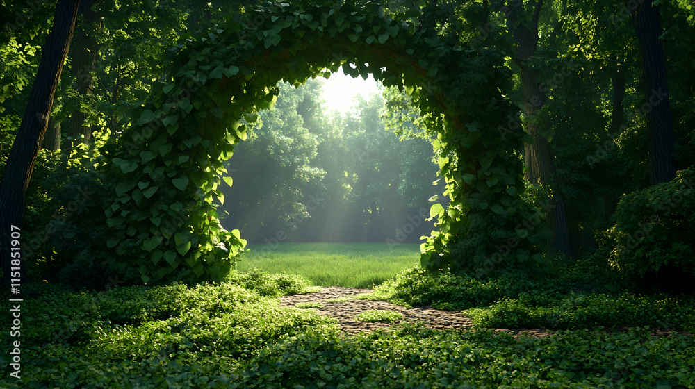 Fototapeta premium Sunlit Forest Archway, Pathway, Green Foliage, Mystical Background, Fantasy Design.