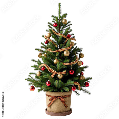 Stylish Christmas tree in a pot Decorative festive greenery in container Chic seasonal
