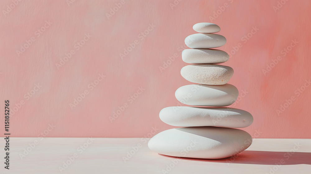 Fototapeta premium Minimalist white stones on pastel pink background, the concept of balance
