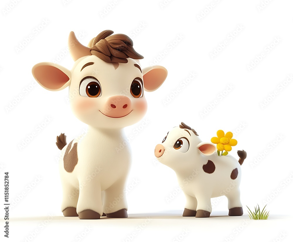 Cute cartoon calf and piglet standing together on white background.