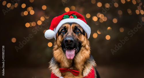 german shepherd dog wearing santa claus hat	 photo