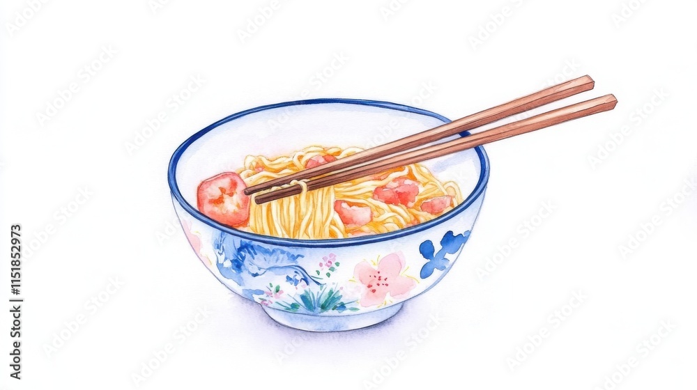 Delicious bowl of noodles with shrimp, served with chopsticks, perfect for food lovers and culinary enthusiasts. Delicious bowl of noodles with shrimp, served with chopsticks, perfect for food lovers and culinary enthusiasts.