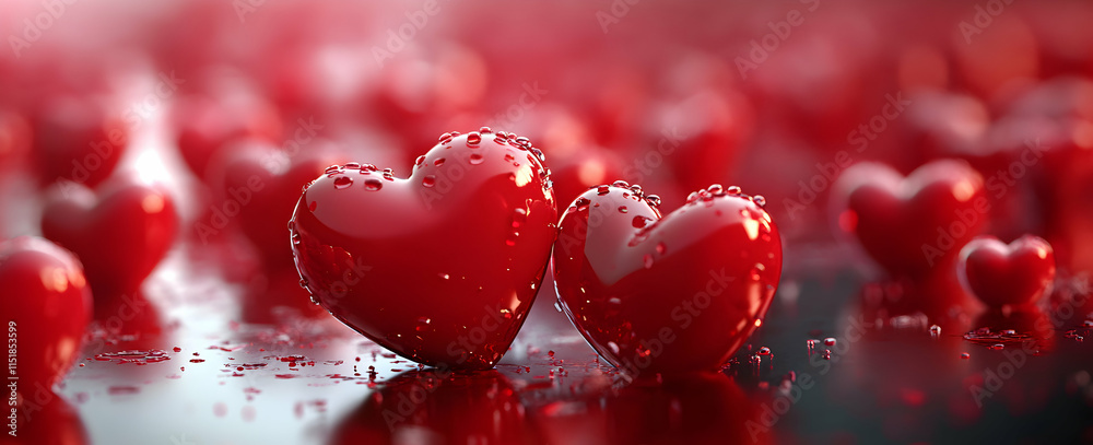 A collection of red hearts with droplets, symbolizing love and affection.