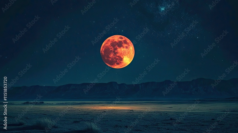 A blood moon casting a reddish glow, set against the eerie emptiness of the night sky A blood moon casting a reddish glow, set against the eerie emptiness of the night sky