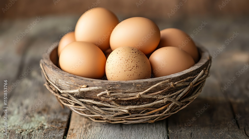 Rustic bowl filled with brown chicken eggs on wooden table. Rustic bowl filled with brown chicken eggs on wooden table.
