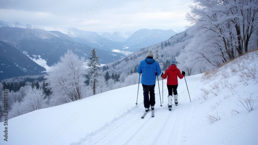 A couple skiing down a scenic winter trail, with snowy peaks in the distance and frosty trees lining the way A couple skiing down a scenic winter trail, with snowy peaks in the distance and frosty trees lining the way