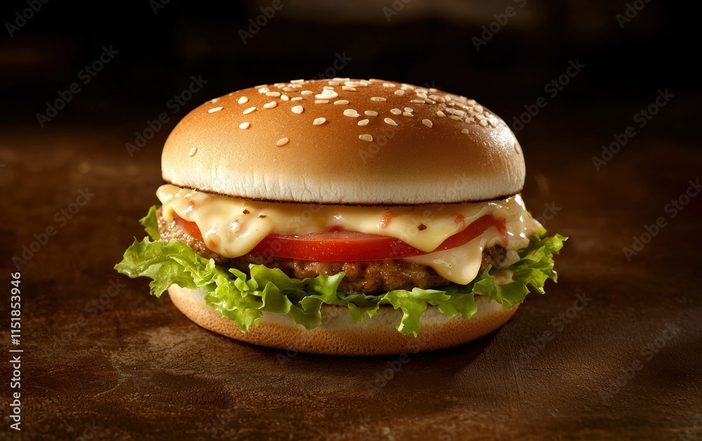 A gourmet burger with melted cheese, lettuce, and tomato, on a rustic brown background A gourmet burger with melted cheese, lettuce, and tomato, on a rustic brown background