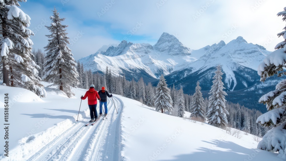 A couple skiing down a scenic winter trail, with snowy peaks in the distance and frosty trees lining the way A couple skiing down a scenic winter trail, with snowy peaks in the distance and frosty trees lining the way