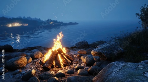 A bonfire constructed with firewood, its bright flames lighting up a rocky shore. photo