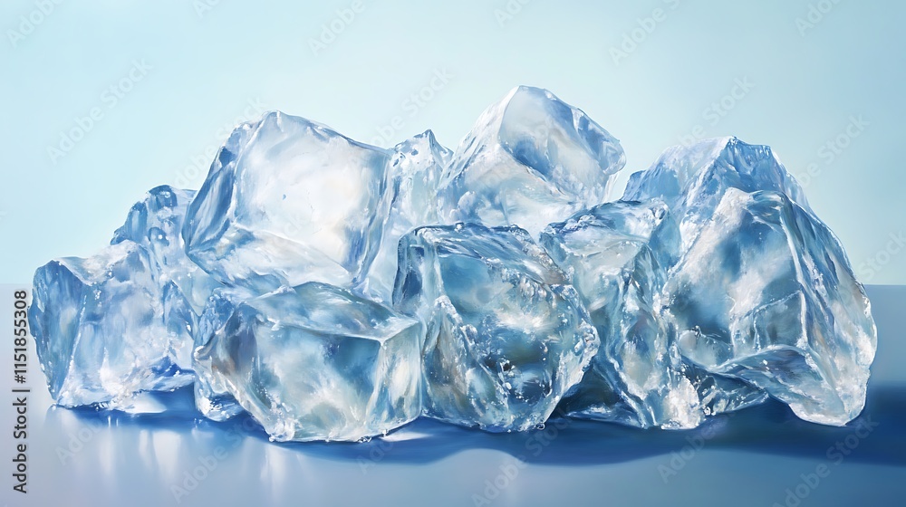 A highly detailed close-up of crushed ice cubes glistening under soft light, resting on a smooth blue background. A highly detailed close-up of crushed ice cubes glistening under soft light, resting on a smooth blue background.