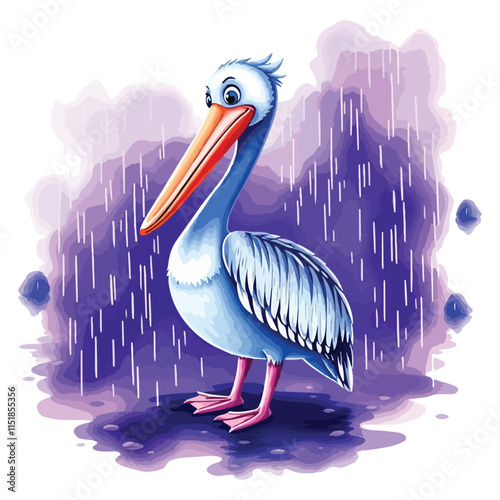 Vector illustration of a cartoon animation of pelican, painted in watercolor, isolated on a white background, pelican animation
