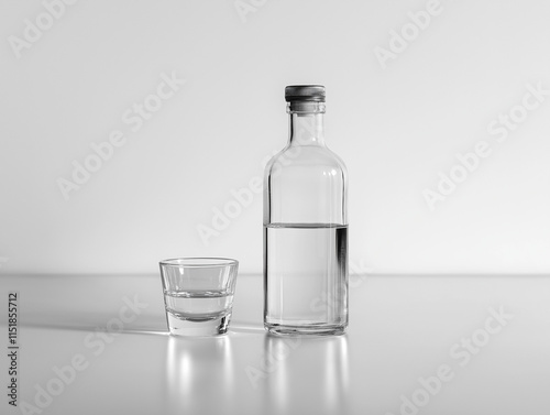 Klares Glasgefäß mit einer Flasche und einem Glas auf reflektierender Fläche

 photo