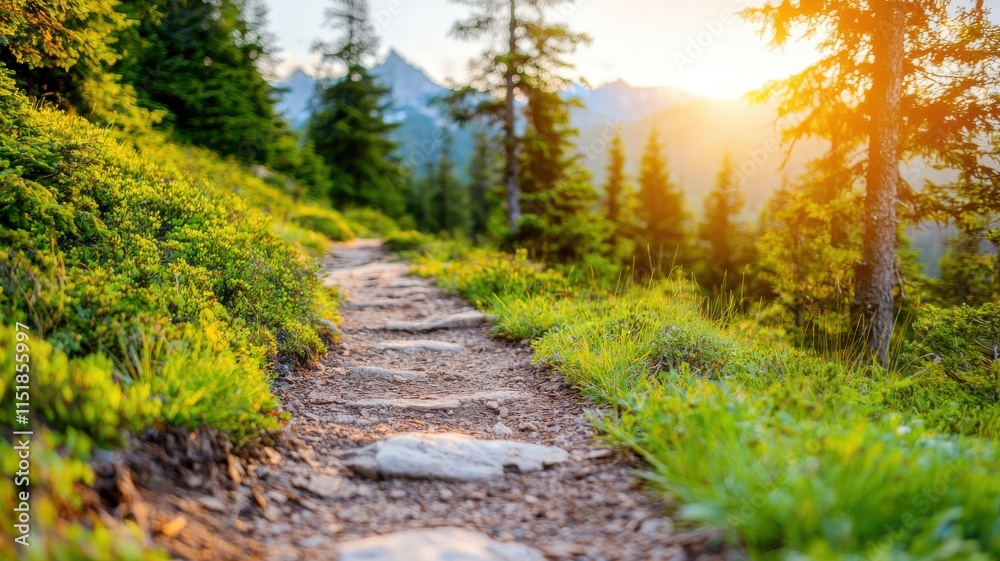 Fototapeta premium Headache Day concept. Scenic pathway through a lush forest at sunset.