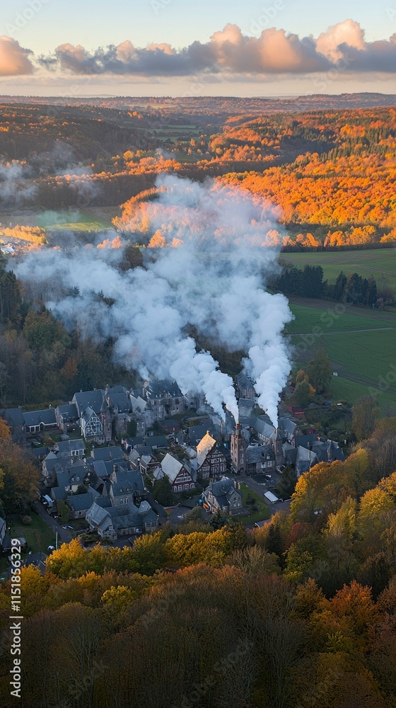 Fototapeta premium Autumnal Village Smoke Stacks Rise Above Colorful Landscape