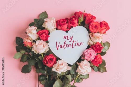 flat lay pink and red roses arranged in a shape of a heart, paper card on top of roses with text "my Valentine" in beautiful cursive, pink solid color background