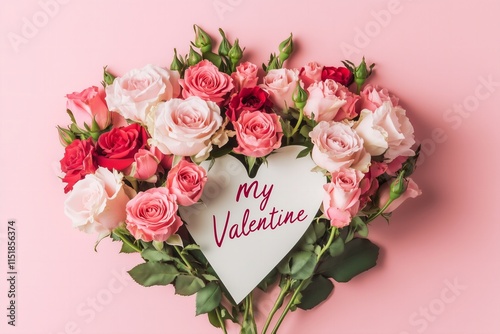 flat lay pink and red roses arranged in a shape of a heart, paper card on top of roses with text "my Valentine" in beautiful cursive, pink solid color background