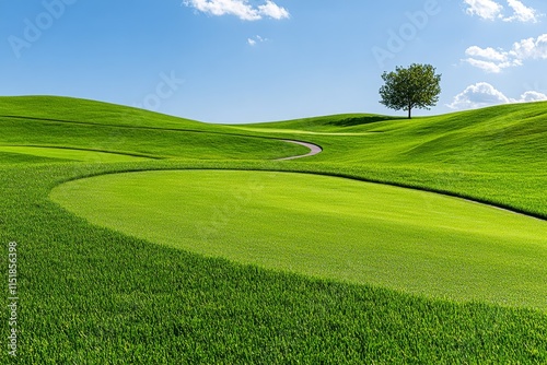 A detailed view of a green with undulating slopes, showing the precision and care in its maintenance