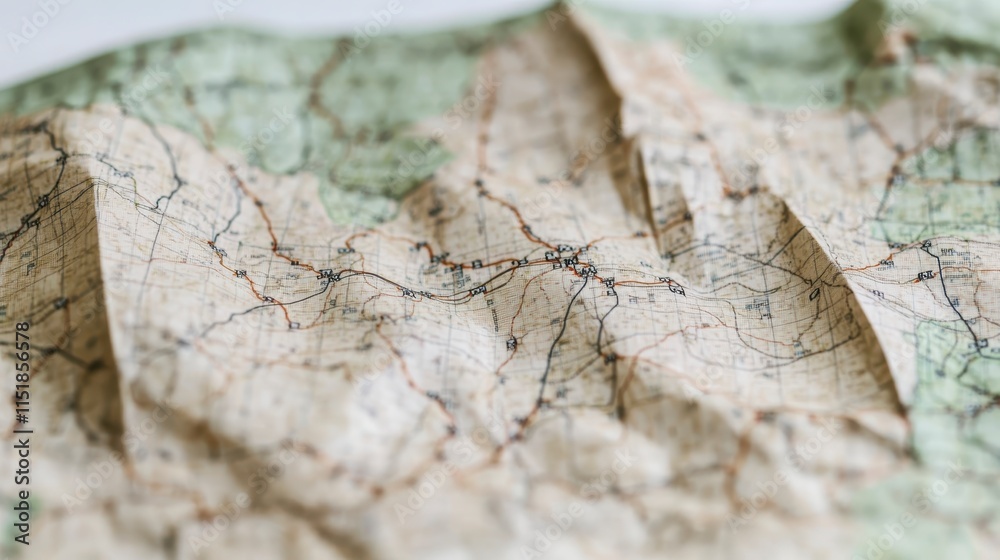 A close-up view of a wrinkled, old map showing intricate lines and geographical details, suggesting exploration and adventure. A close-up view of a wrinkled, old map showing intricate lines and geographical details, suggesting exploration and adventure.