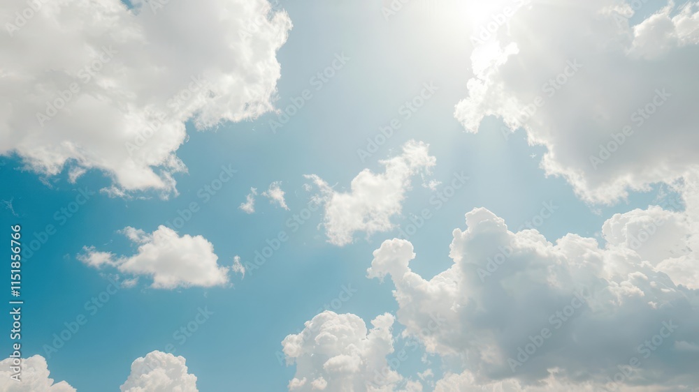 Naklejka premium Azure sky, fluffy white cumulus clouds, bright sunlight, overhead, photography, horizon
