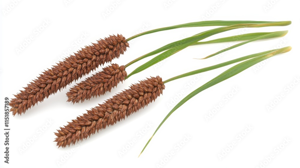Naklejka premium A trio of brown seed heads with green grass-like leaves, showcasing a natural, earthy aesthetic.