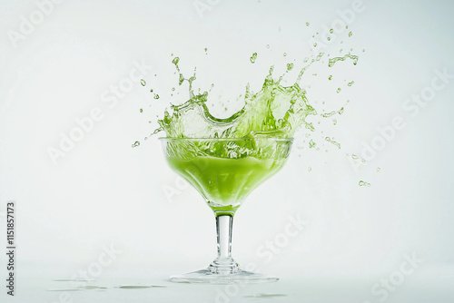 Spritzige grüne Flüssigkeit wird in ein elegantes Cocktailglas gegossen

 photo