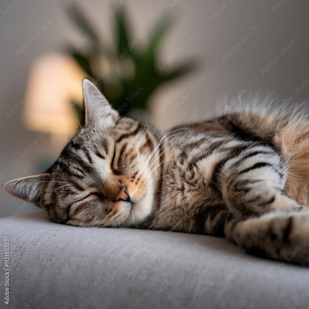 A peaceful cat curled up and sleeping comfortably on a cozy couch. A peaceful cat curled up and sleeping comfortably on a cozy couch.