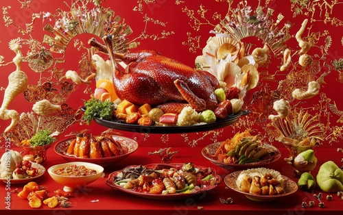 A traditional Chinese Peking duck arrangement levitating mid-air with all the accompaniments, on a red-and-gold background