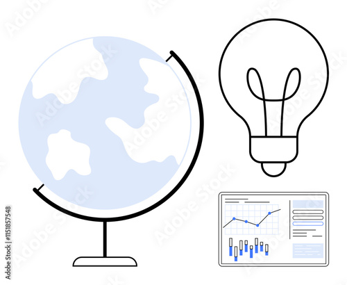 Globe represents global reach, lightbulb innovation, and tablet with graphs. Ideal for education, business strategy, innovation, global research, data analysis, technology, and sustainability themes photo