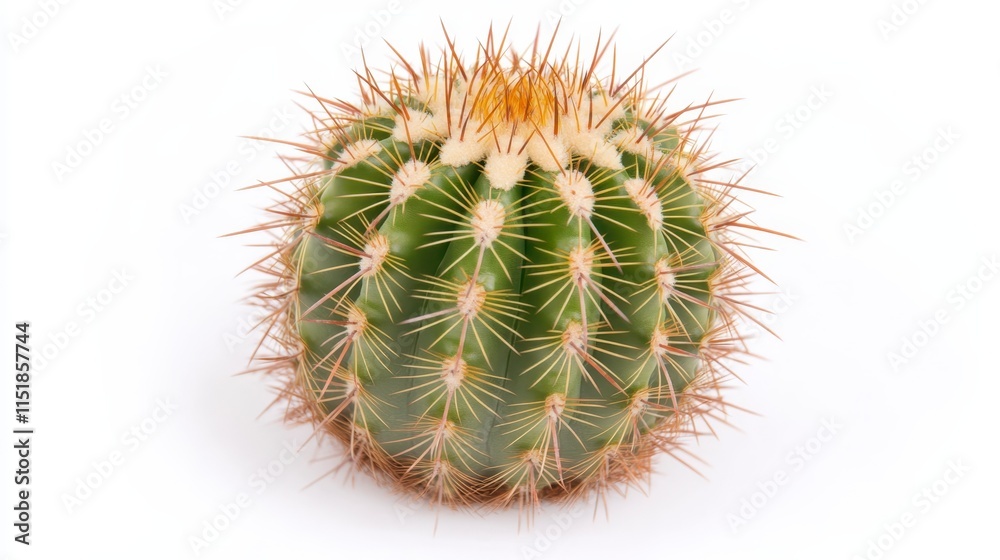 A round, spiky cactus with green skin and yellow-tipped spines sits against a white background, showcasing its unique texture and shape. A round, spiky cactus with green skin and yellow-tipped spines sits against a white background, showcasing its unique texture and shape.