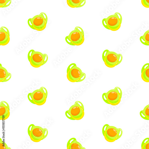 Green dummies vector seamless pattern. Front view pacifiers. Background, print, packaging design