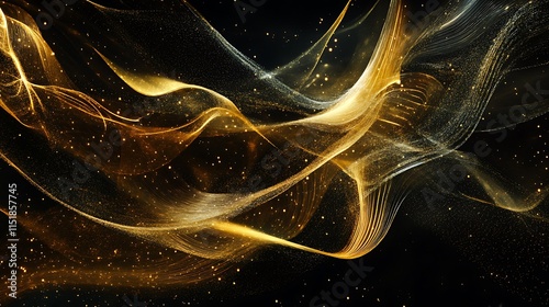 An abstract composition of flowing golden light waves, interspersed with luminous particles, set against a deep black background. The energy and fluidity of the design evoke themes of creativity  photo