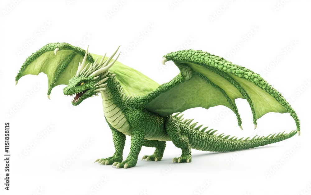Fototapeta premium A 3D render of a full-body flying green dragon, isolated on a white background. 