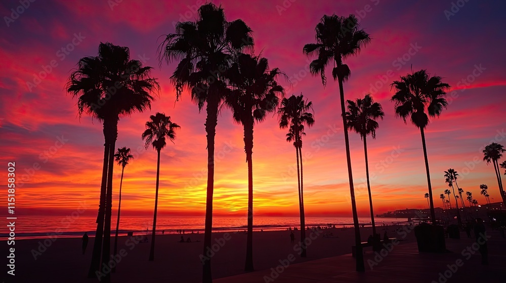Obraz premium Vibrant Sunset Beach Scene With Silhouetted Palm Trees