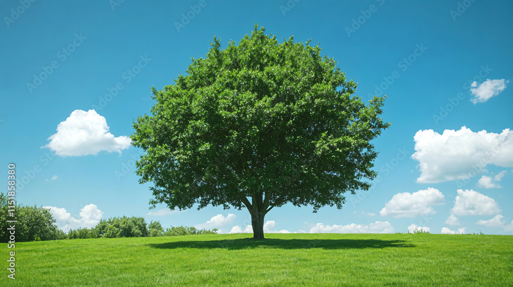 green tree in the park. Morning nature, Expansive green field with a clear blue sky and fluffy clouds, Generative ai. green tree in the park. Morning nature, Expansive green field with a clear blue sky and fluffy clouds, Generative ai.