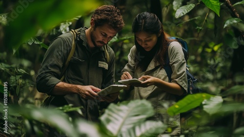 A team of scientists conducting research on animal species in the wild, gathering data on physical adaptations, feeding habits, and social structures to advance species conservation photo