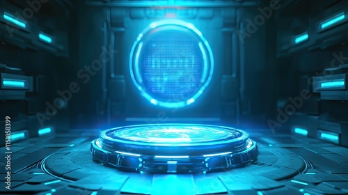 Wallpaper Mural Futuristic Blue Lit Platform With Digital Interface Torontodigital.ca