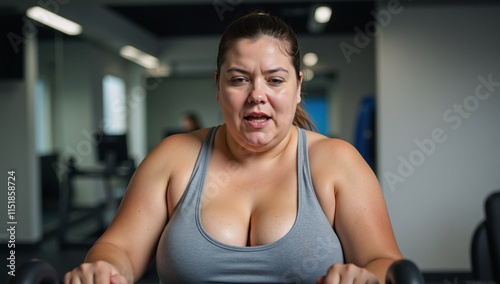 Obese woman exercises at the gym on a treadmill as symbolism for weight loss and a healthier lifestyle photo